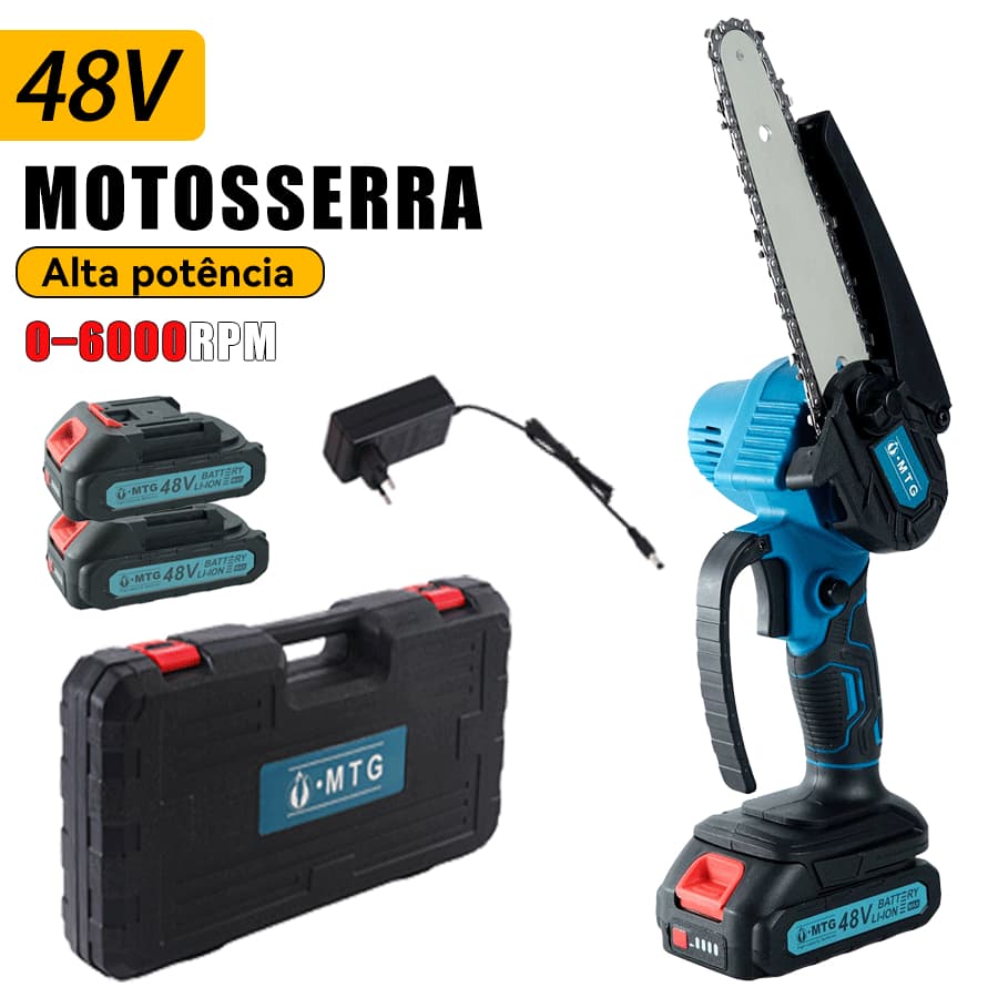 Motosserra Elétrica 48V Bivolt Completo com 2 Baterias Sem Fio Perfeita para Corte de Madeira e Jardim