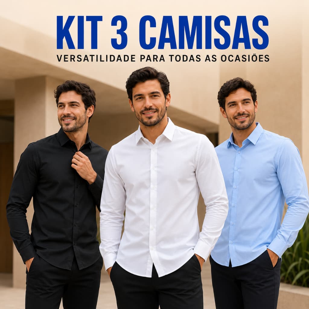 Kit 3 Camisas Sociais Masculinas Manga Longa Slim Fit Lisas Branca Azul Claro e Preta para Trabalho e Eventos