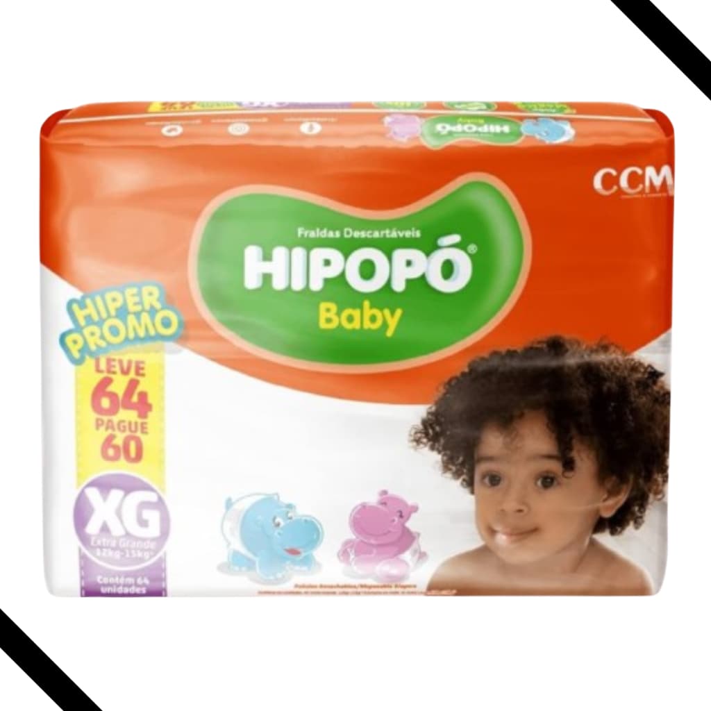 Fralda Descartável Hipopó Baby XG Pacotão Hiper 64 Unid. Econômica