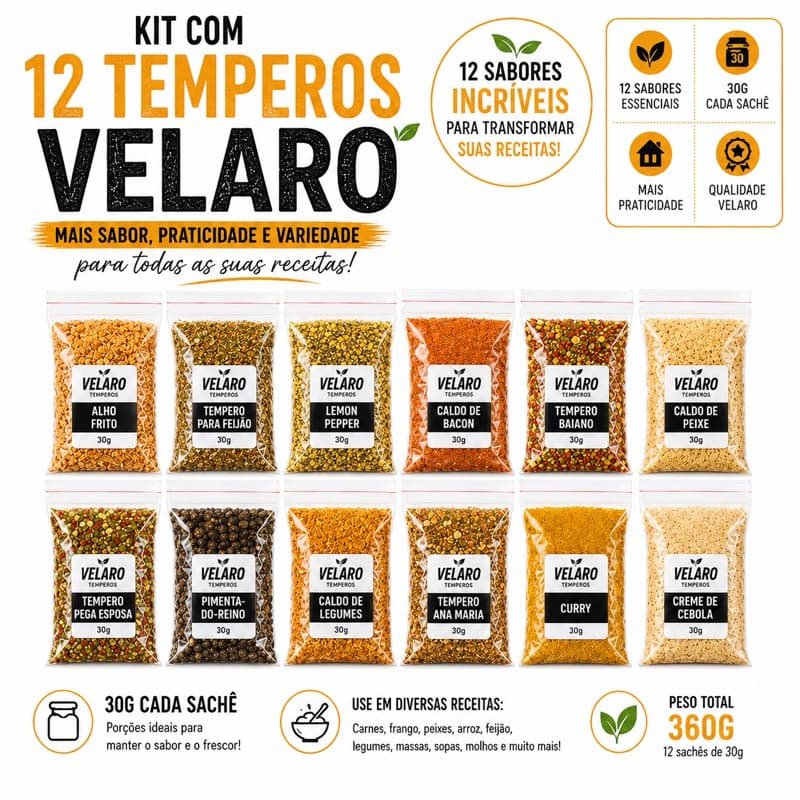 Kit 12 Temperos Velaro 30g Cada | 360g | Mix de Temperos e Especiarias para Carnes, Frango, Peixes, Arroz e Feijão