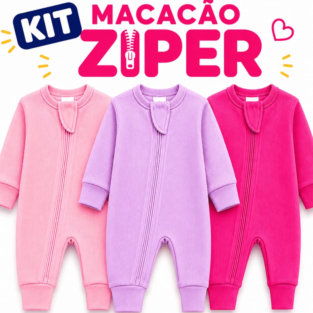Kit 2 3 Macacão Bebê Menina Canelado Zíper Algodão Manga Longa Liso Vira Pé Recém Nascido Enxoval Roupa Bebê P M G