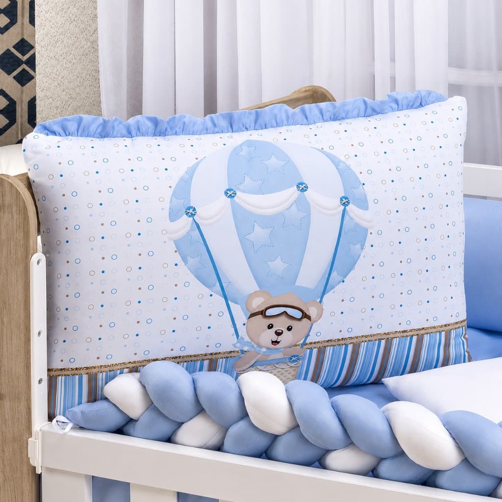 Kit Berço Menino Urso Baloeiro 10 Peças Enxoval Completo Bebê com Trança Protetora