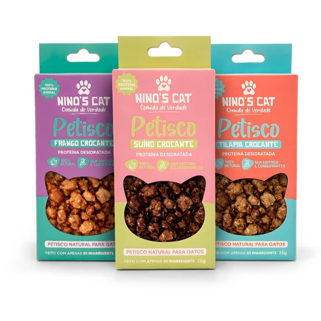 Kit 3 Petiscos Gatos Sabores Frango Suíno Tilápia 100% Natural Nino's Cat Completo Snack Saudável
