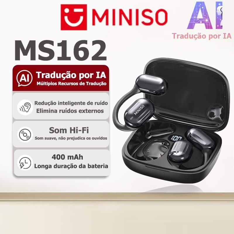 Fone de ouvido Bluetooth tradutor por IA MINISO MS162, Bluetooth 5.4, vários modos de tradução, fone sem fio, qualidade