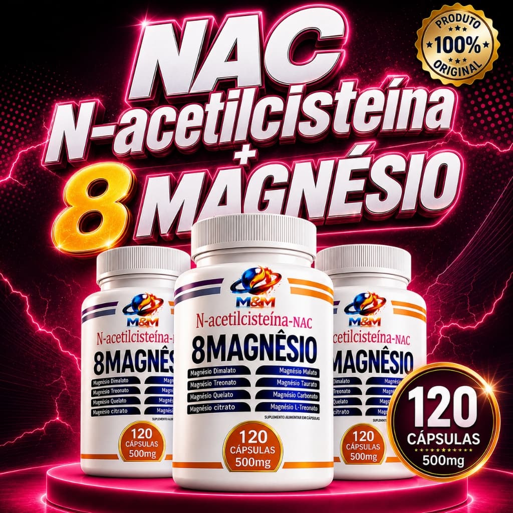 NAC N-Acetilcisteína + Complexo de Magnésio Sem Glúten 120 E 60 CÁPSULAS  Suplemento Vitamina original 500mg Premium
