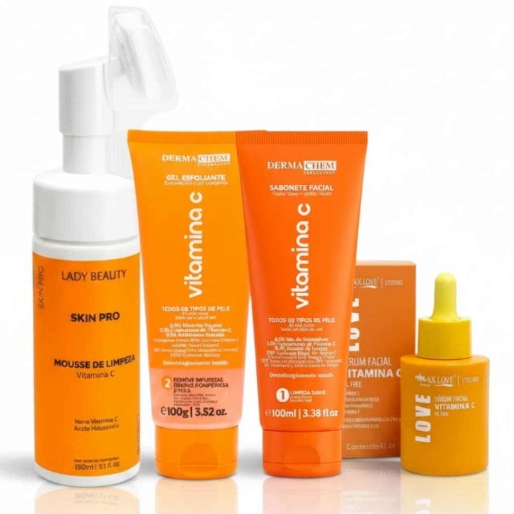 Kit Skincare Vitamina C Limpeza Facial de Pele Mousse Serum Clareador Esfoliante