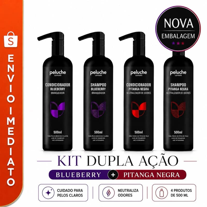 Kit Banho Pet Super Premium Shampoo + Condicionador Blueberry e Pitanga Negra para Cães e Gatos