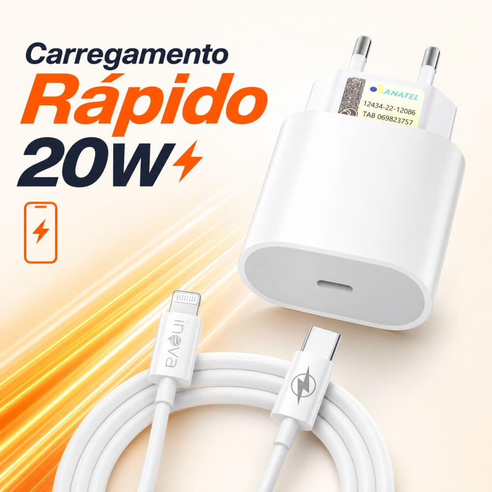 Carregador iPhone Turbo Tipo C Lightning 5V/3A Fonte Celular Rápida Homologado Anatel