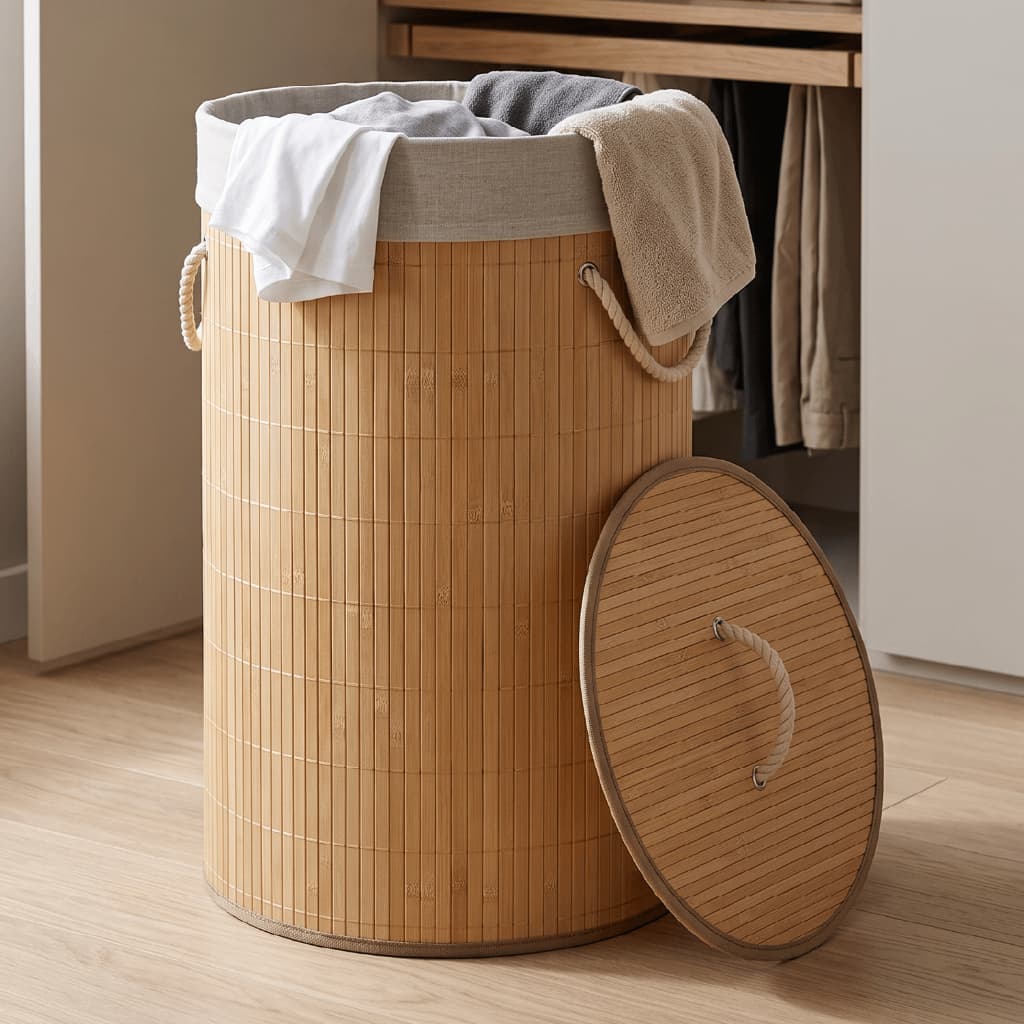 Cesto De Roupa Suja Bambu Dobrável Redondo 57L Grande Organizador Forrado Tampa Alças Banheiro Lavanderia Multiuso