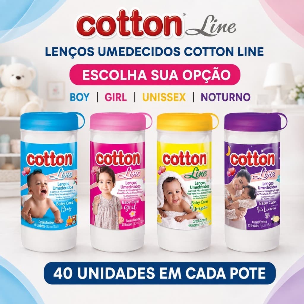 Lenços Umedecidos Baby Aloe Vera Cotton LIne - Pote 40 Unidades 4 Opções Boy Girl Unissex Noturno Sem Álcool