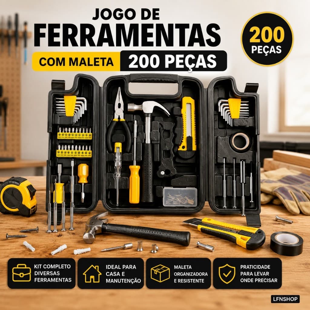 Jogo de Ferramentas 200 Peças com Maleta Kit Completo para Casa e Manutenção