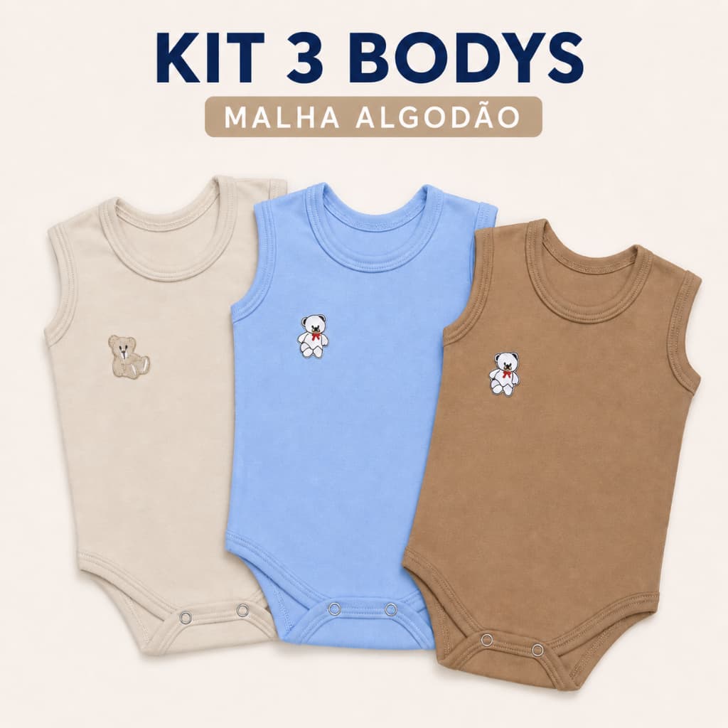 Kit 3 Body Bebê Regata Sem Manga Malha Algodão Menino M G Verão Enxoval