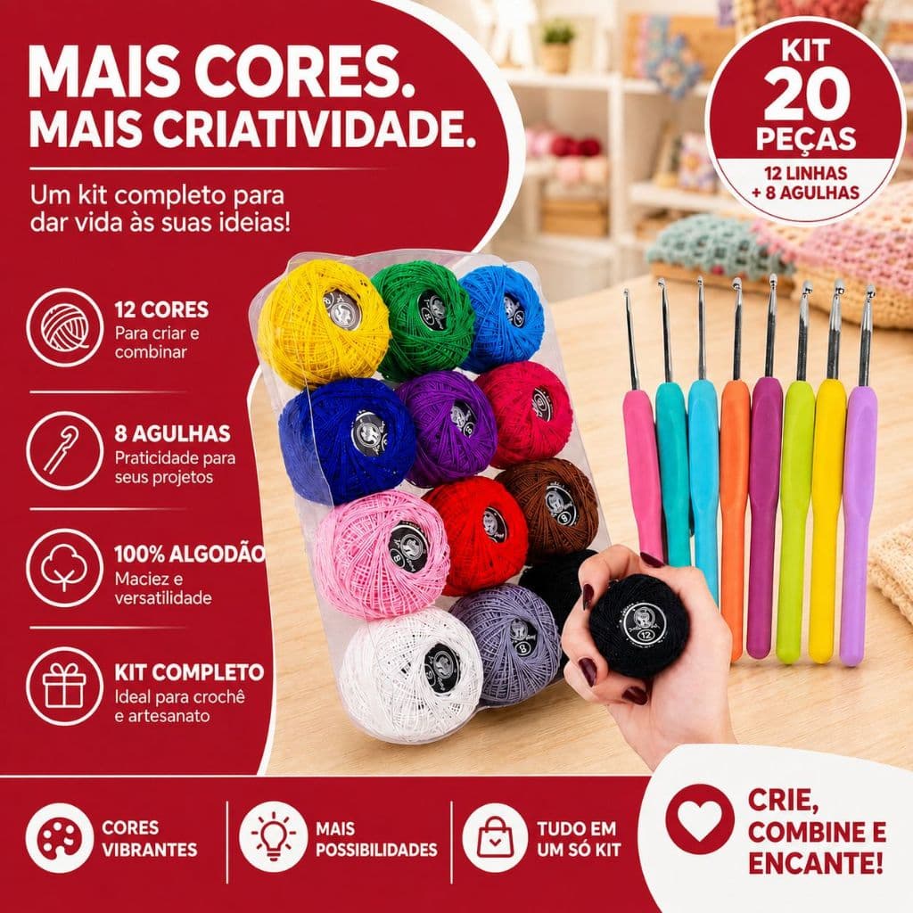 Kit Crochê Completo 12 Linhas Coloridas 100% Algodão + 8 Agulhas Ergonômicas Amigurumi Iniciante -NL