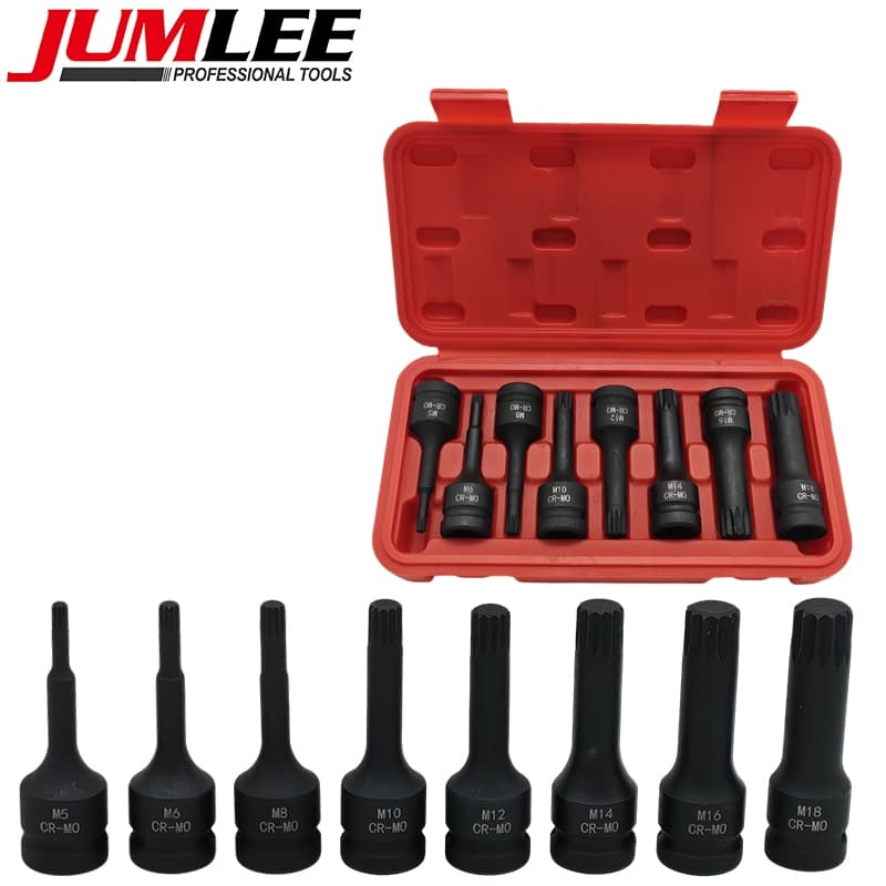 Jogo 8 Soquetes Bits Multidentada 1/2 Pol M5‑M18 Aço CR‑MO Para Chave De Impacto e Catraca