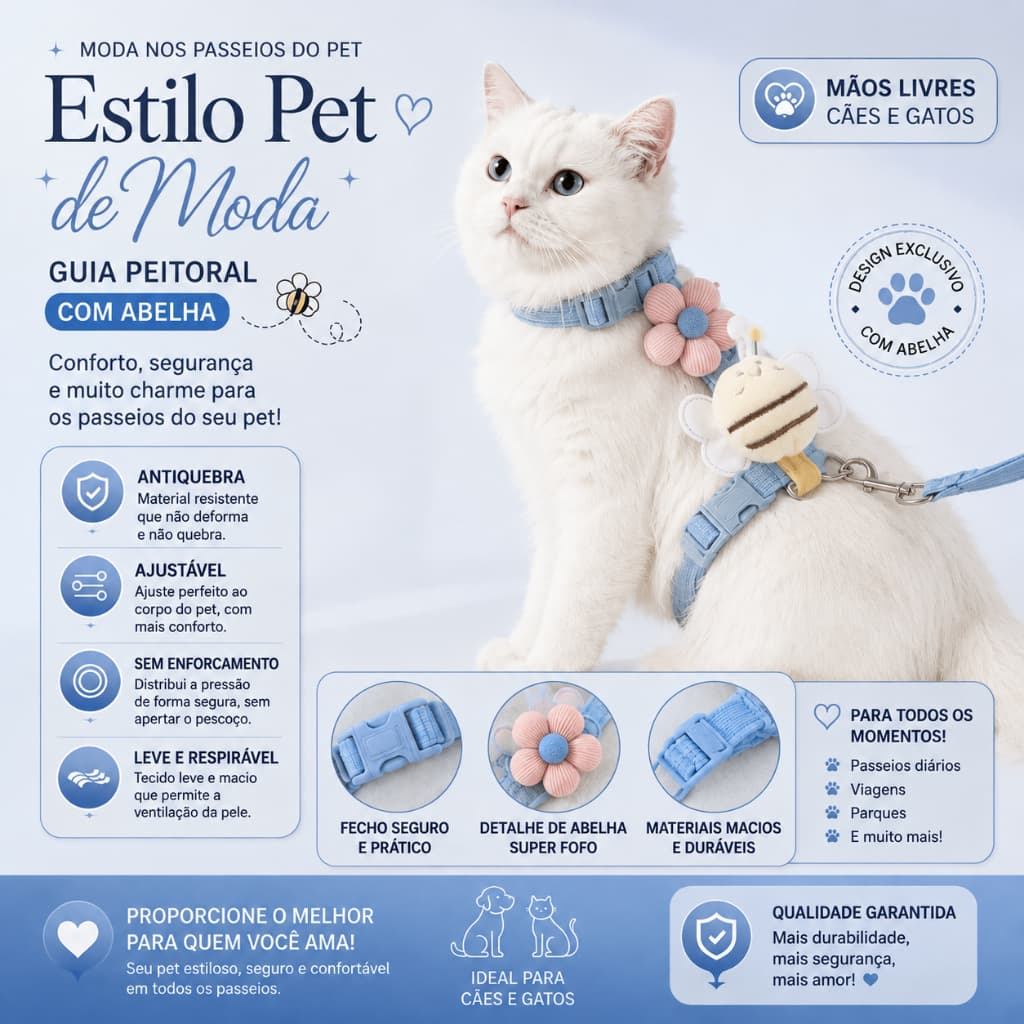 Peitoral para Gato com Guia Ajustável e Flor Decorativa Coleira Pet para Passeio Confortável