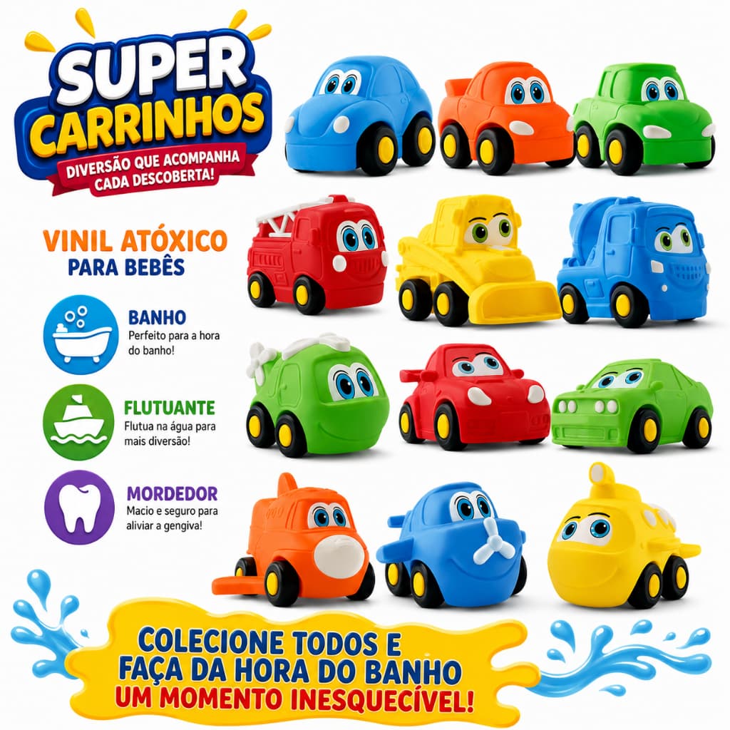 Coleção Carrinhos em Vinil Macio Para Bebes Brinquedo Para Banho - Silmar Brinquedos