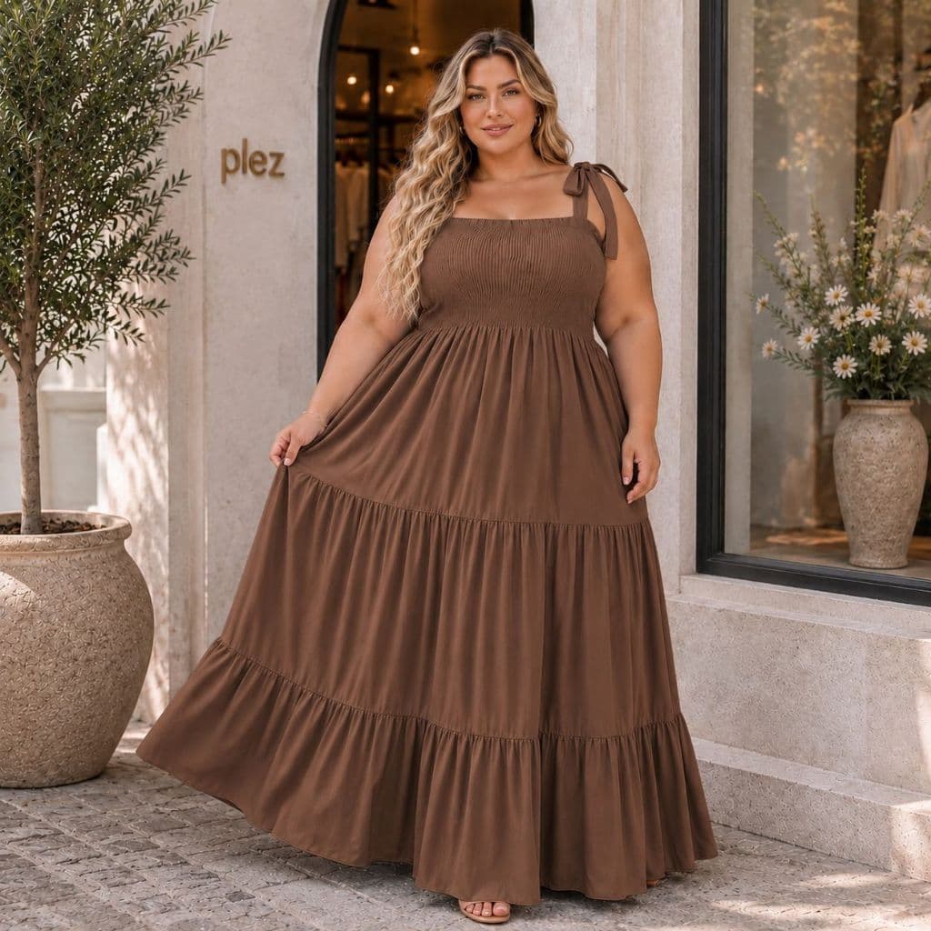 Vestido longo plus size alças de amarrar corpo lastex modelo três marias soltinho verão