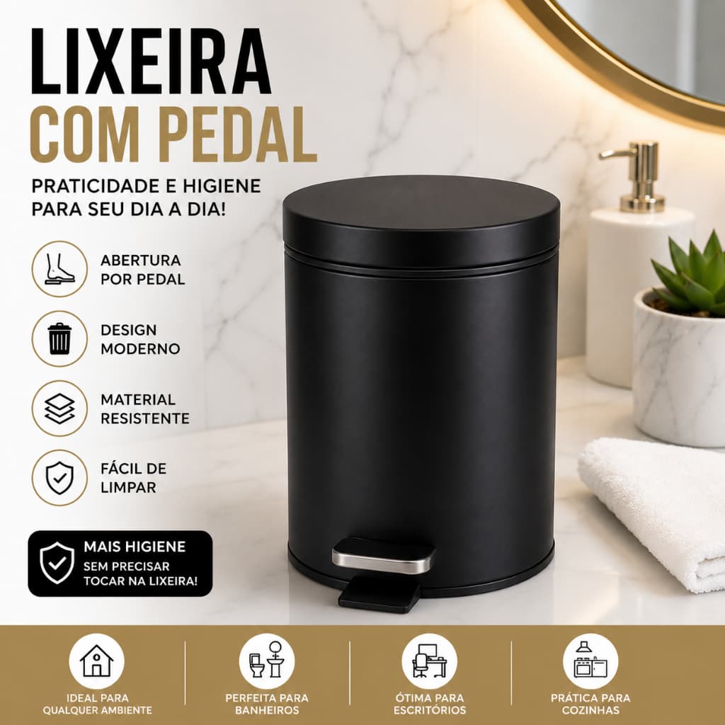 Lixeira Pedal Tampa Cesto Lixo Cozinha Banheiro Escritório Higiene Resíduos Organizador