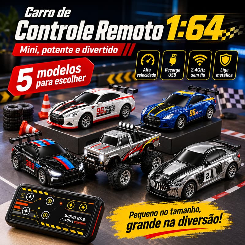 Carrinho RC Controle Remoto 1:64 Metal 2.4GHz Brinquedo Infantil USB Recarregável Alta Velocidade