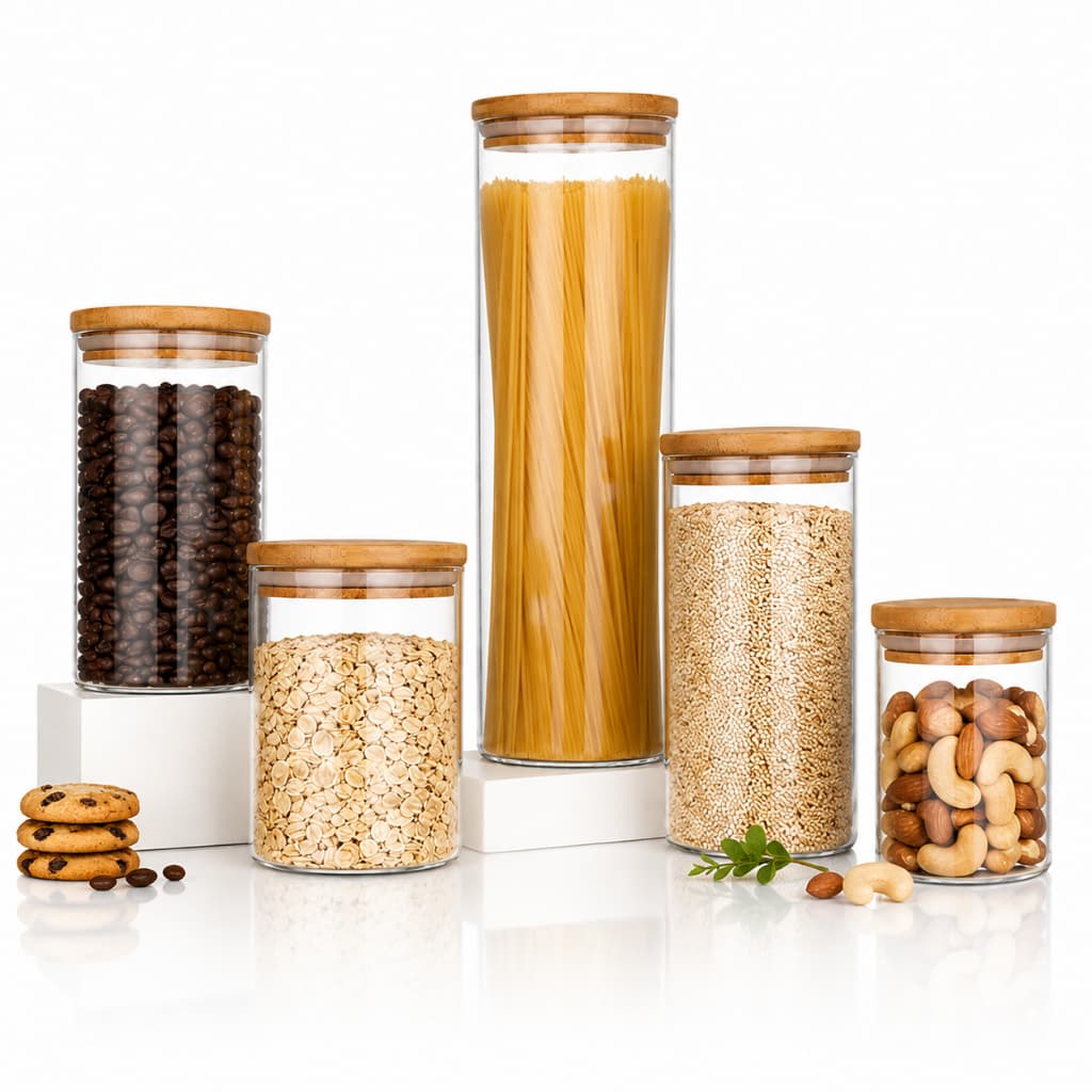 Kit 5 Potes Mantimentos Vidro Herméticos Com Tampa Bambu Alta Resistência Epsilon Transparente