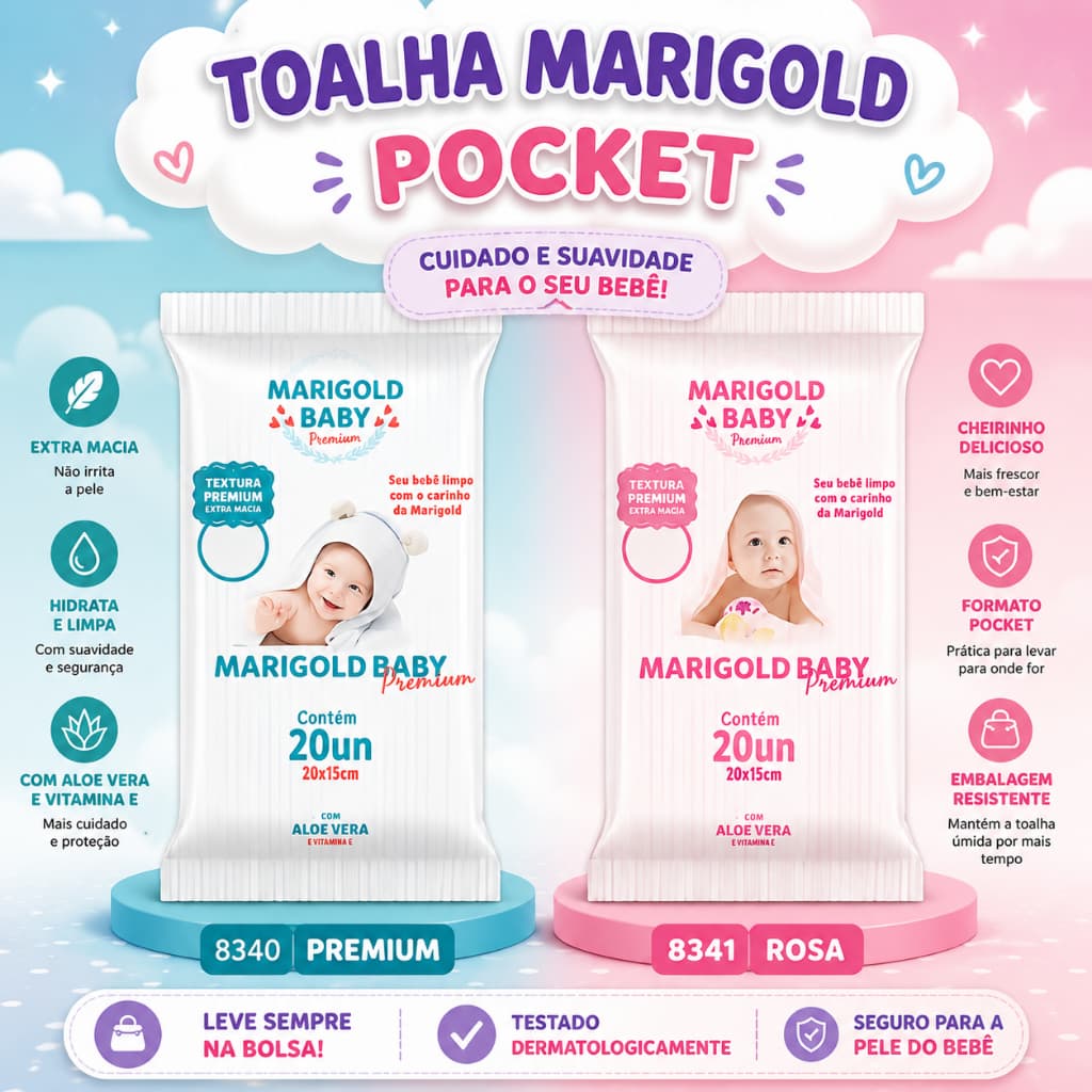 Lenço Umedecido Marigold Pocket Premium (Rosa ou Azul) – Pacote com 20 Unidades