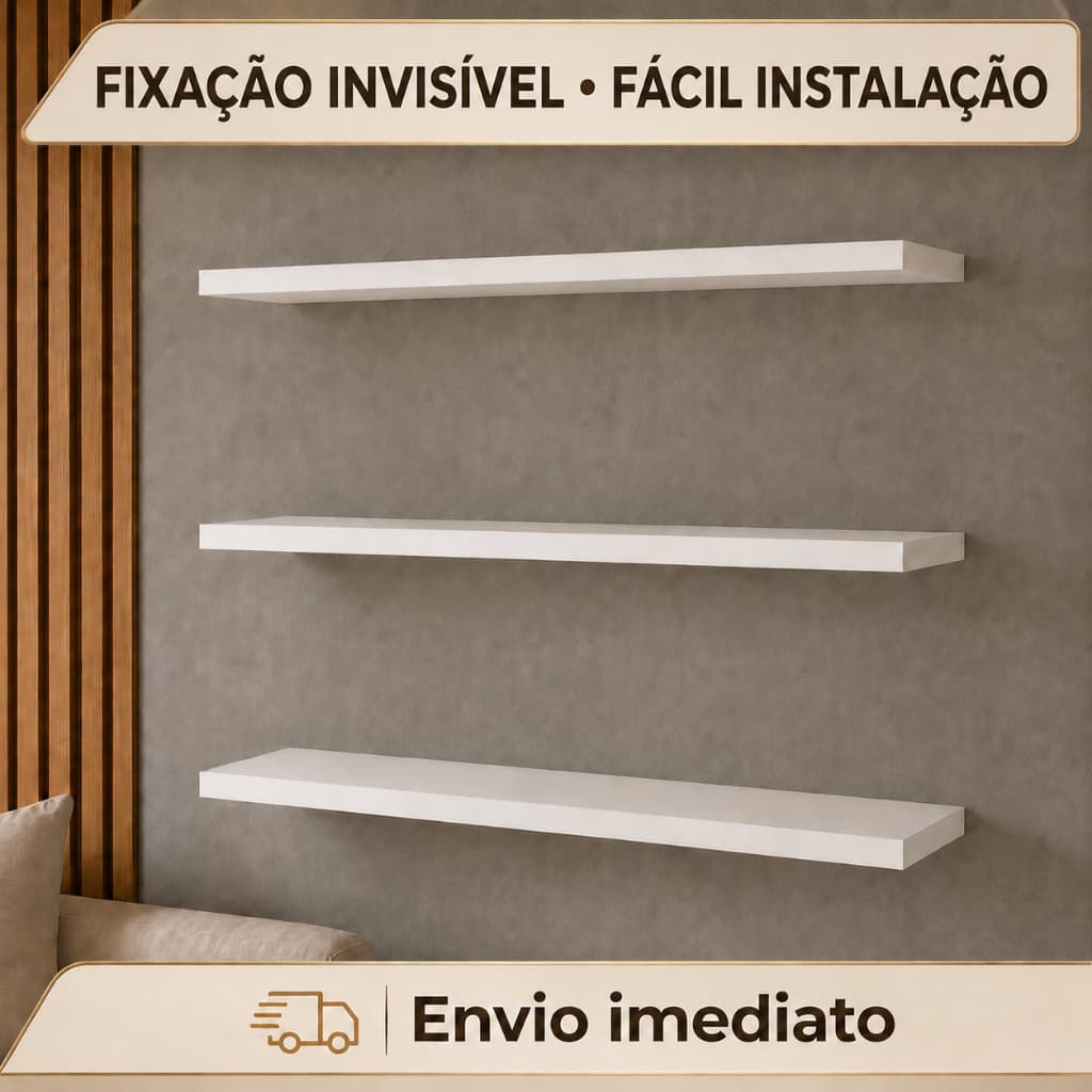 Kit 3 Prateleiras Flutuantes MDF 60cm Suporte Invisível Reforçado Aguenta 20kg Parede Sala Quarto Cozinha