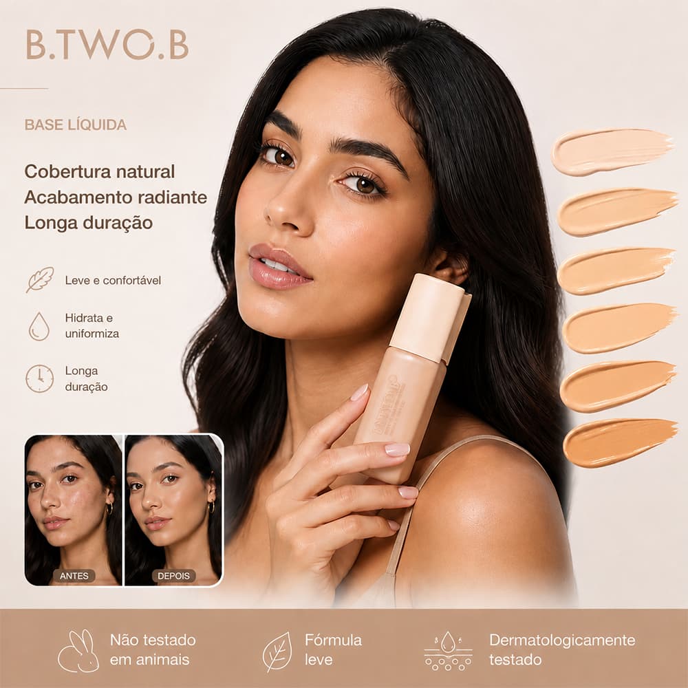 B.TWO.B Base Líquida Facial Cobertura Natural Acabamento Radiante Longa Duração Fórmula Leve