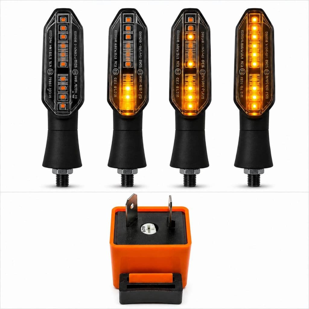 Kit 04 Piscas Moto Seta Led Sequencial Twister + RELE PISCA SETA LED 2 PINOS COM REGULAGEM DE VELOCIDADE UNIVERSAL