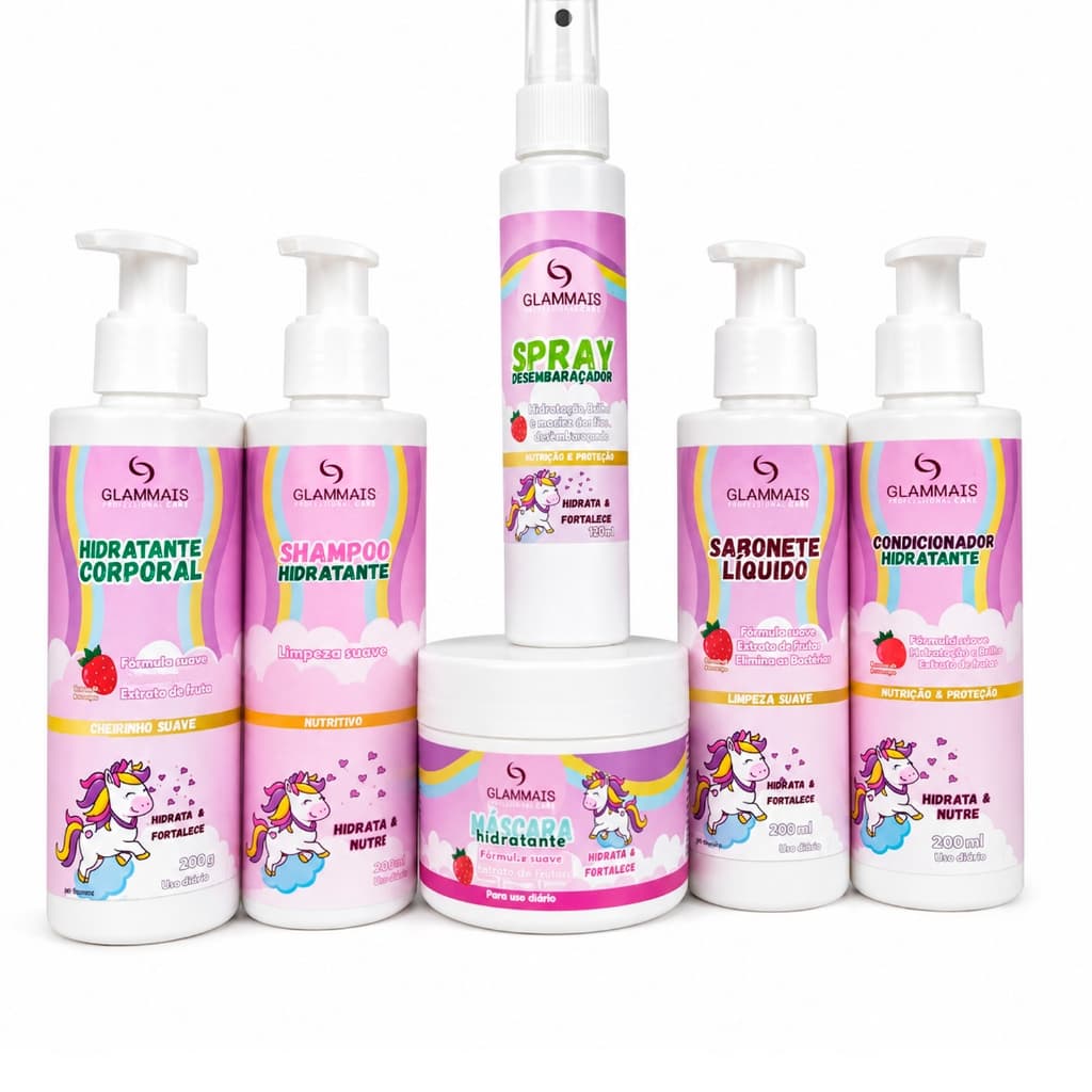 Kit Glammais Professional Care Infantil 6 Itens Shampoo Condicionador Hidratante Spray Desembaraçador Máscara Sabonete
