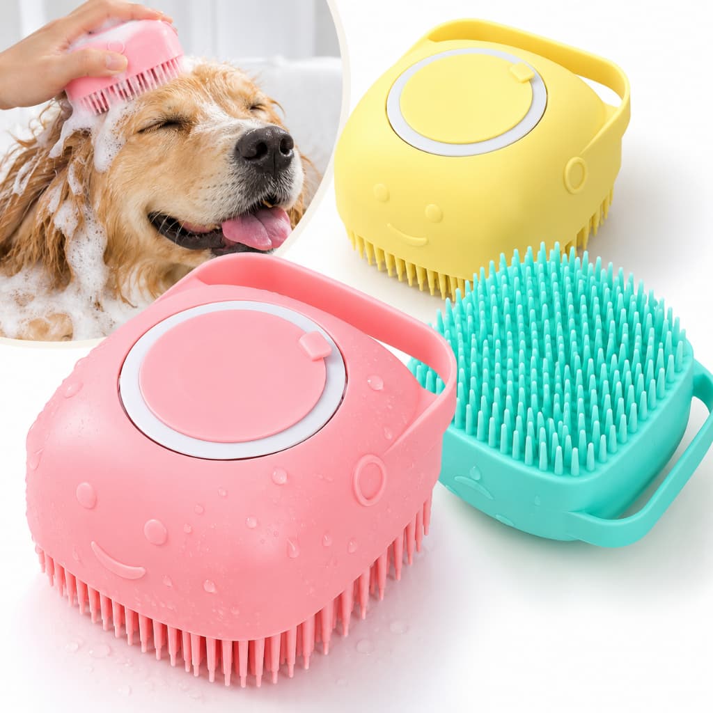Esponja de Silicone para Banho Pet Escova para Cachorro e Gato com Dispenser de Shampoo e Sabonete