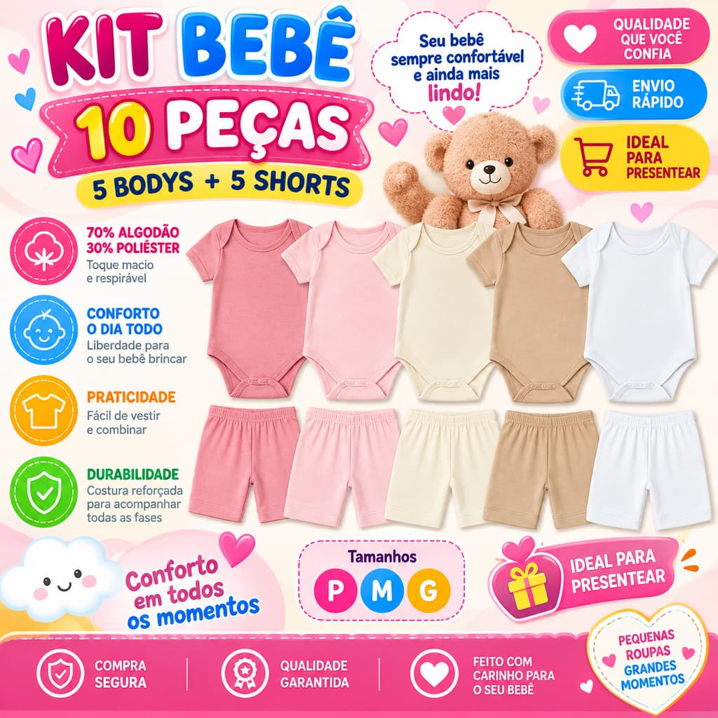 Kit 10 Peças Body Bory Manga Curta Shorts Bebê Menina Menino Enxoval Infantil Tapa Fralda
