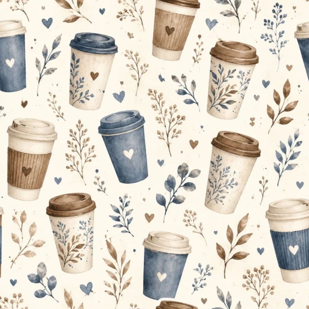 Tecido Patchwork Digital Blue Coffee Copos de Café D2831