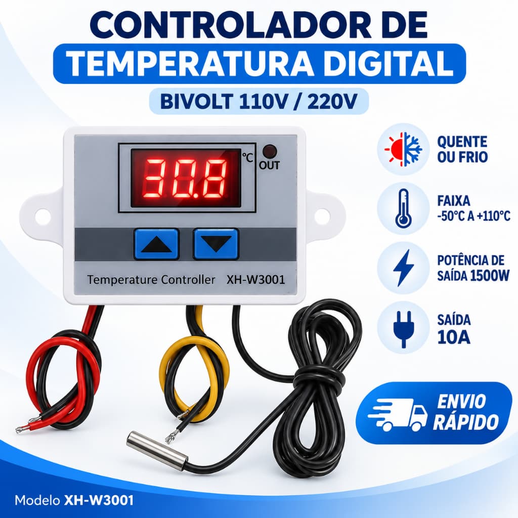 Controlador Temperatura Digital Termostato 110 220 Volts Bivolt 10A Sensor Impermeável Quente Frio