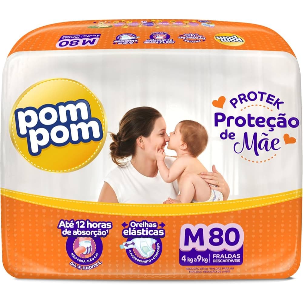 Fralda Descartável  Pom Pom M (5 a 10kg) 80 Tiras Cuidado Diário Promoção