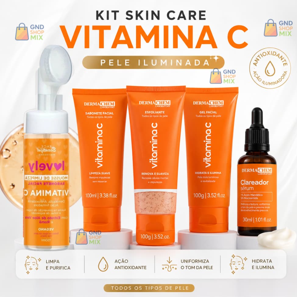 Kit Skincare Vitamina C 5 Itens Dermachem Sérum Clareador Sabonete Facial, Esfoliante,Gel e Mousse de Limpeza Rhenuks