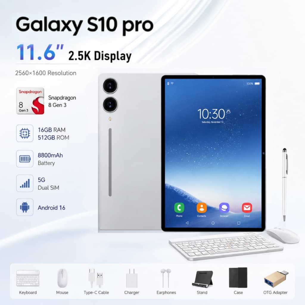 Galalxy Tablet S10 Pro | 16GB+512GB | Android 16 | Tela FHD 11.6" | 8800mAh Snapdragon 8 Gen 3  4G/ 5GLTE