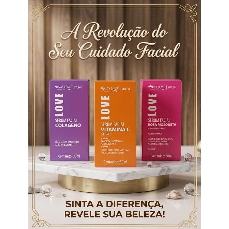 Sérum Facial Max Love 30ml Vitamina C, Rosa Mosqueta, Colágeno e 3 em 1 Skincare