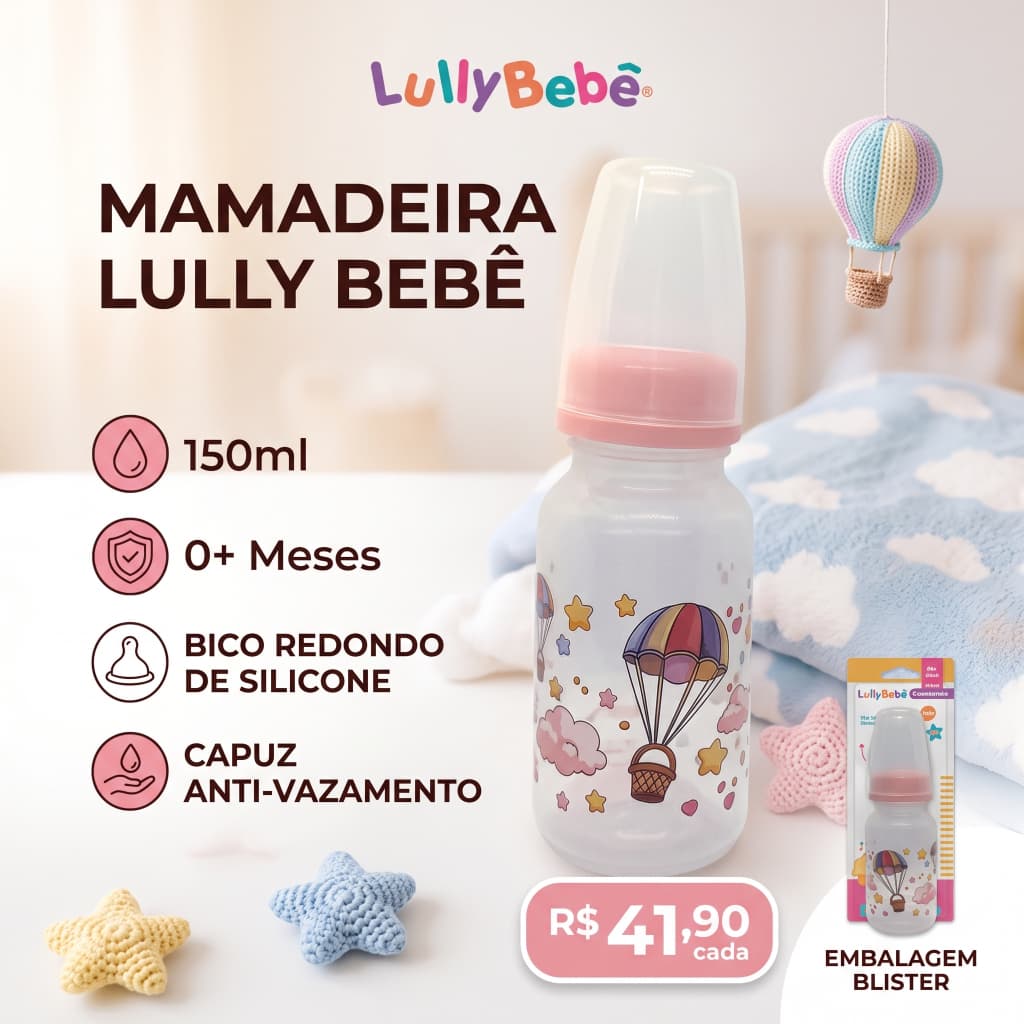Mamadeira 150ml Bico Redondo de Silicone Lully Bebê (0+ Meses) – Capuz Anti-Vazamento