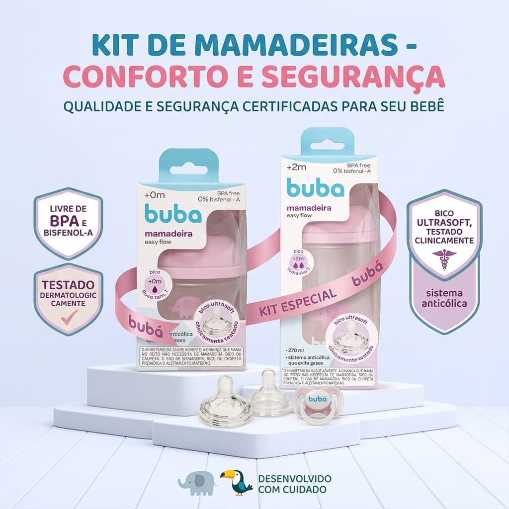 KIT 2 MAMADEIRA ANTICOLICA 120ML E 270ML EASY FLOW ELEFANTE ROSA BUBA BEBÊ
