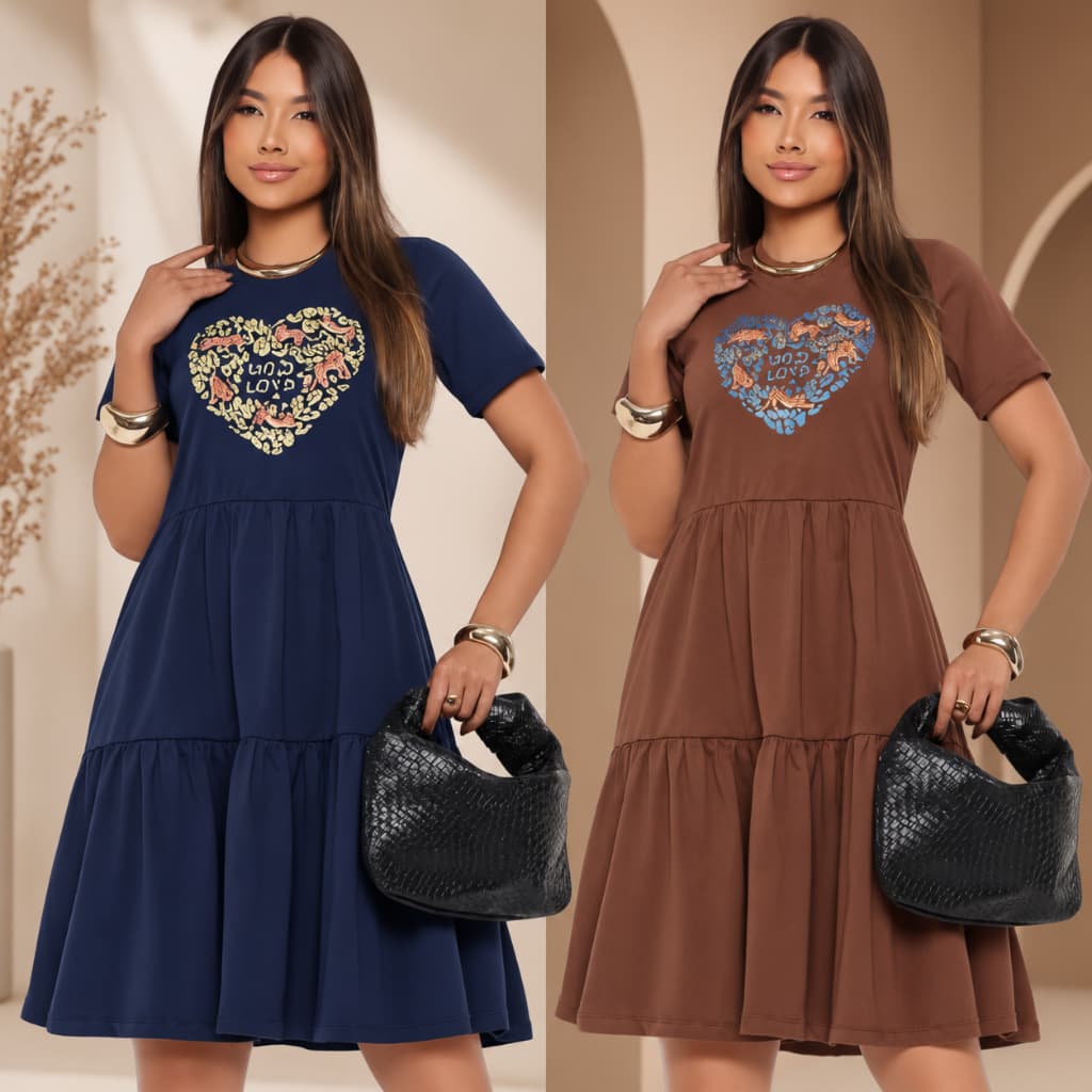 Vestido Estilo T-shirt Blusa Marrom Silk Coração 3 Marias Babado Algodão Elegante Casual Evangélico