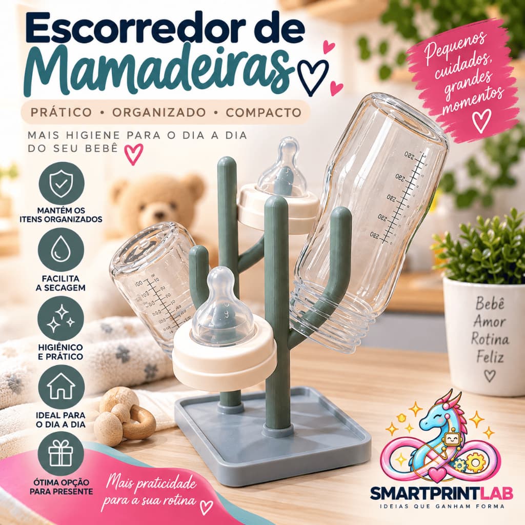 Escorredor de Mamadeiras com Base Coletora – Secador Organizador para Mamadeira Bicos Tampas e Acessórios de Bebê
