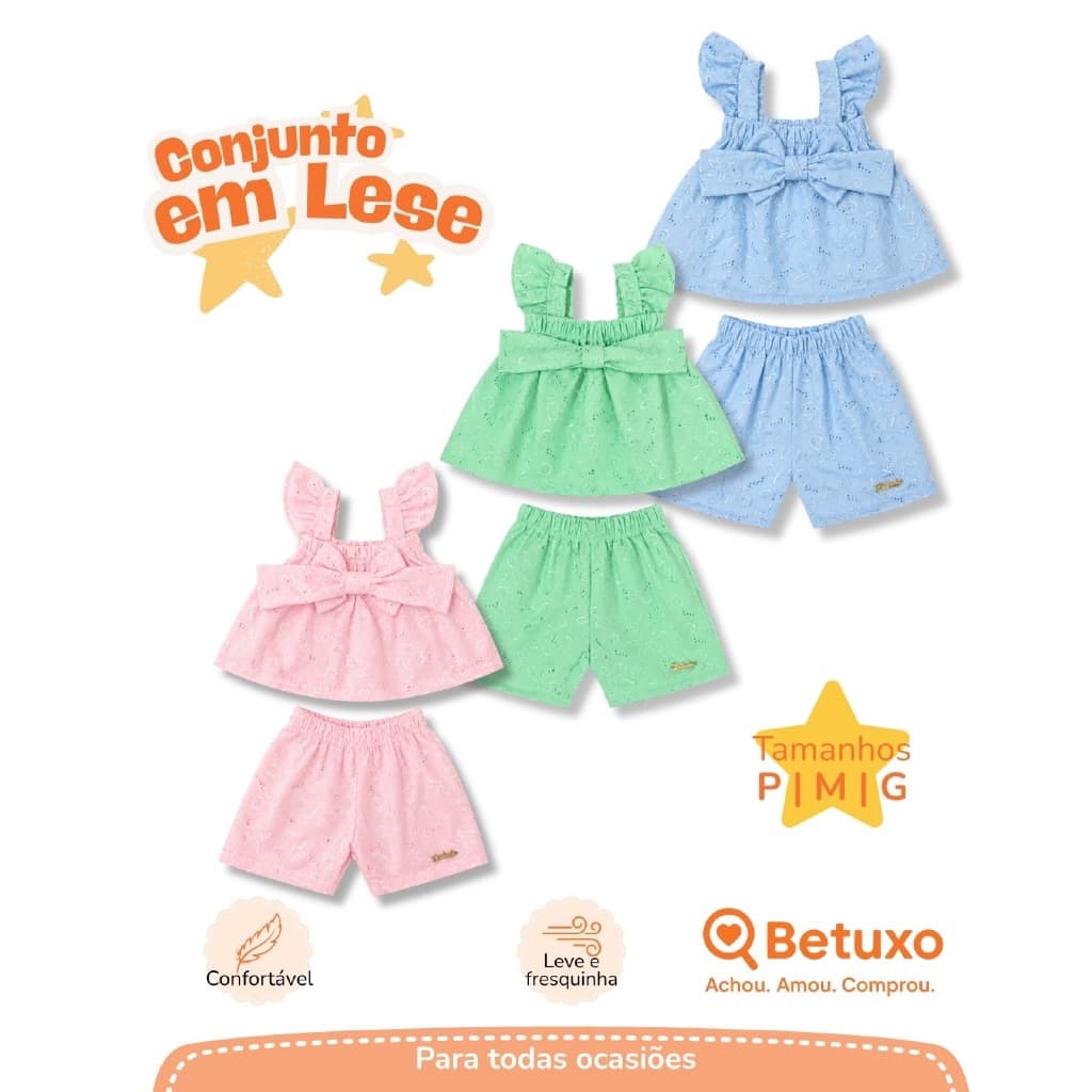 Conjunto Lese Bebê Menina Roupa Infantil menina camiseta com laço e shorts Tamanhos P M G