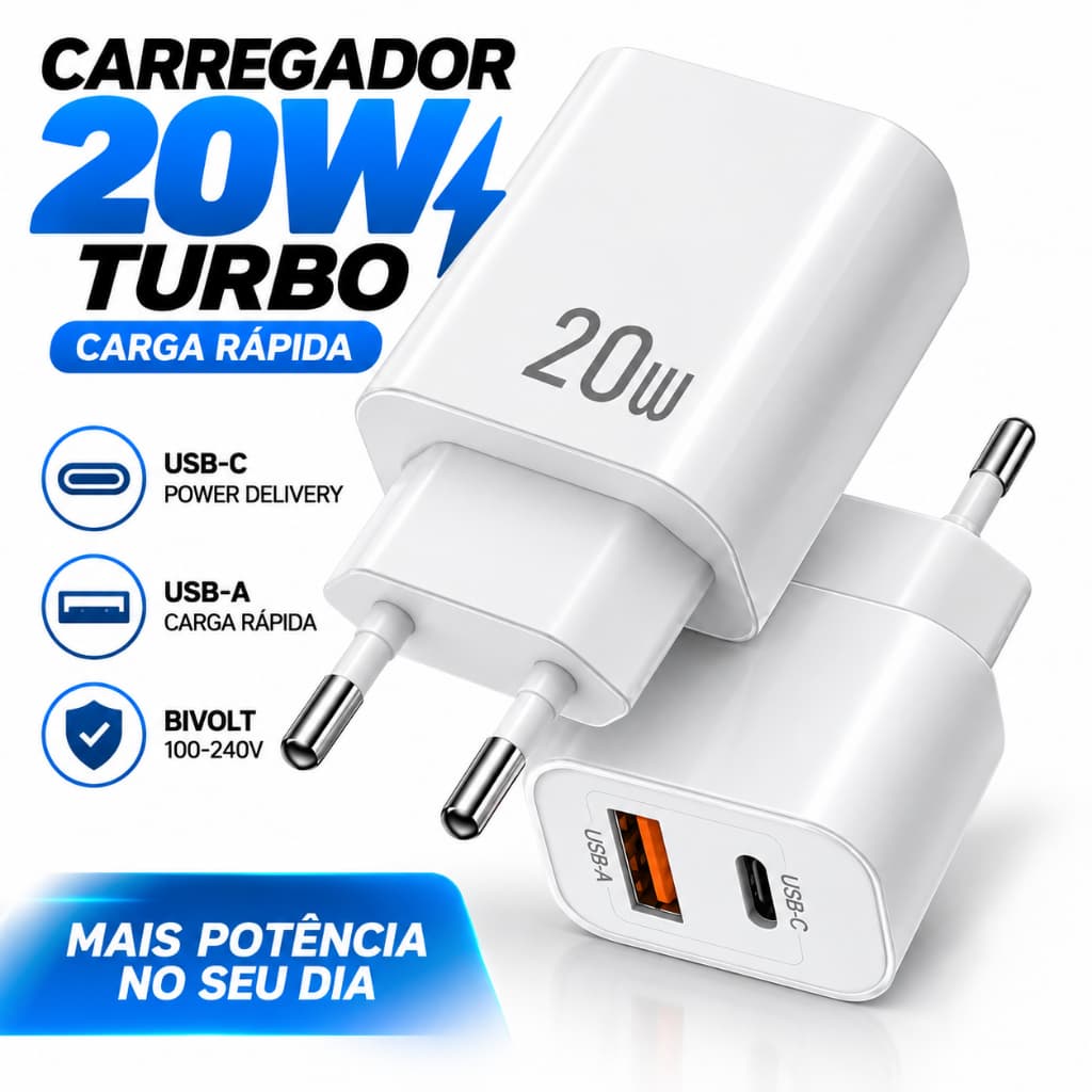 Carregador Turbo 20W Fonte De Tomada USB e Tipo C Bivolt Carga Rapida Para Celular iPhone Android