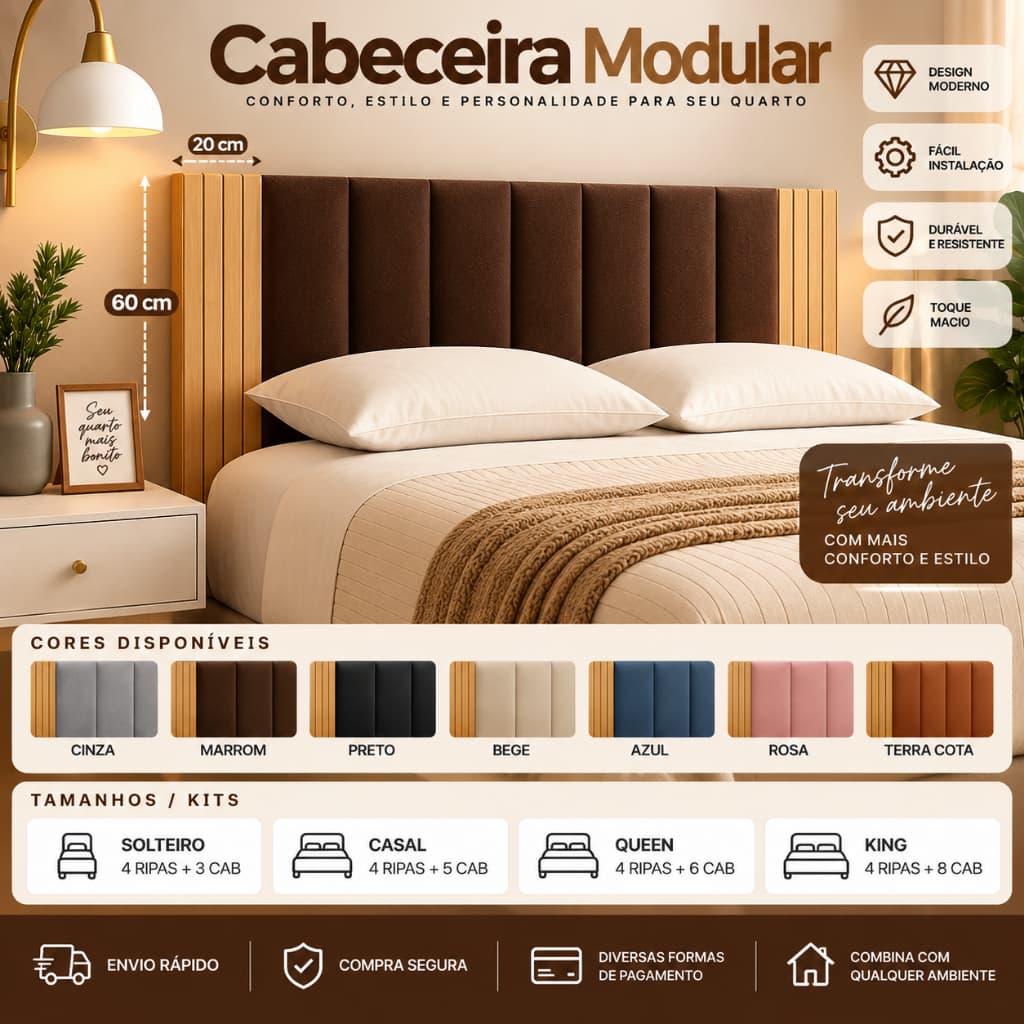 Kit Com Até 12 Peças Cabeceira Modular + Painel Ripado MDF Para Cama Box King  Solteiro Casal Queen - Envio Full