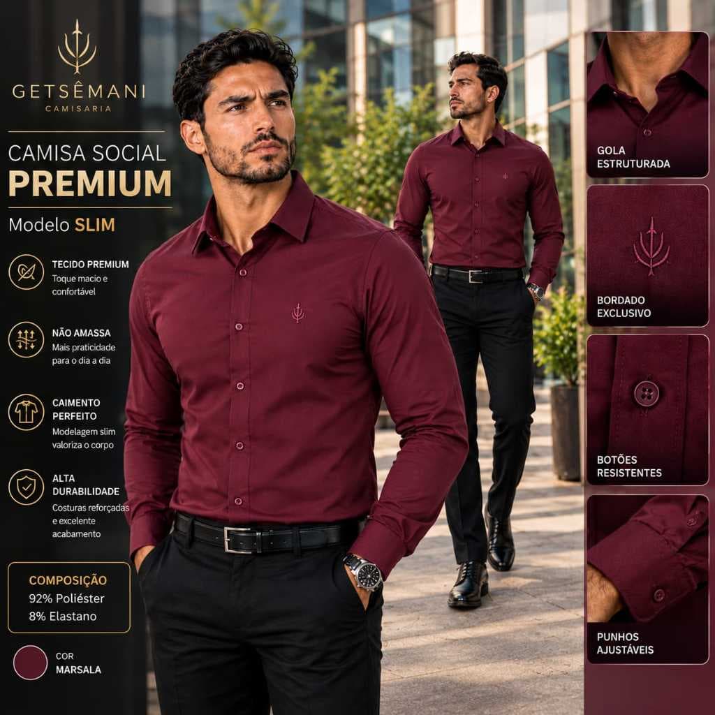 Camisa Social Masculina Manga Longa Slim Cor Marsala Elegante e Confortavel