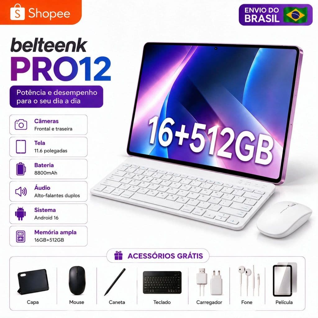 belteenk Tablet Pro12 Combo com Teclado e Mouse -11.6"inch 16GB+512GB Android  com 8800mAh Ideal para Estudos e Jogos