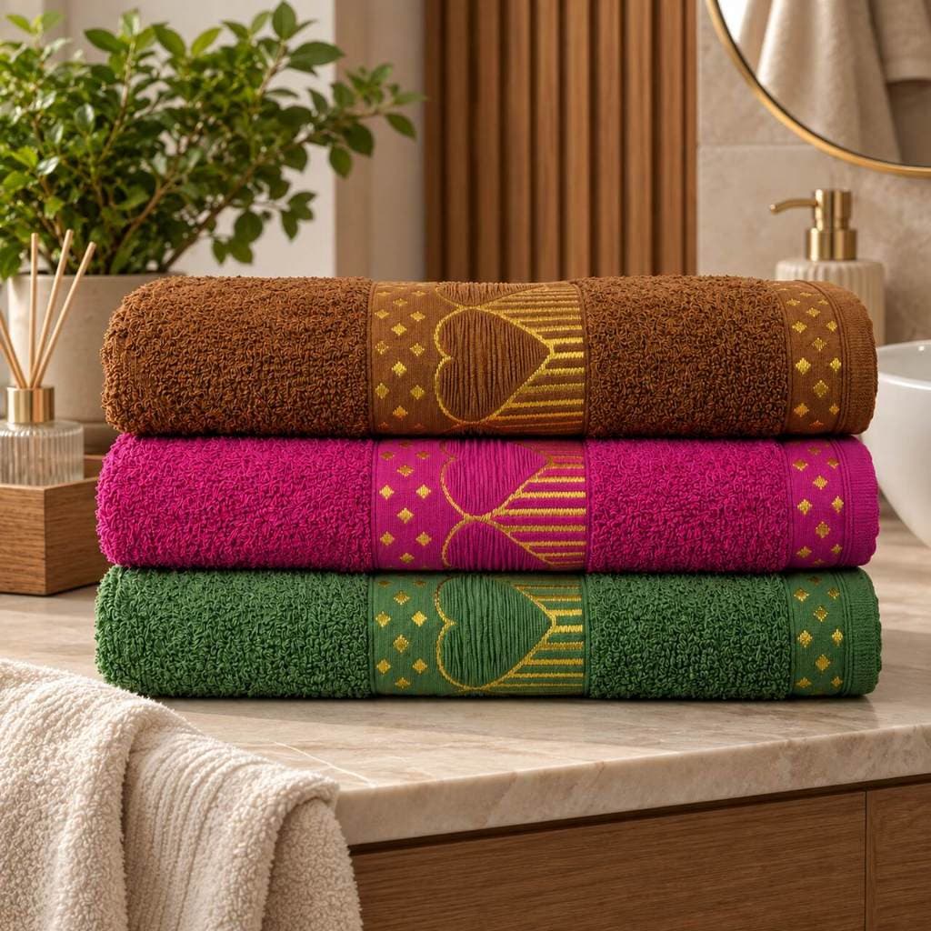 Kit 3 Toalhas de Banho Jacquard Grande 75x150cm Macia Absorvente Alta Qualidade Grossa Coração
