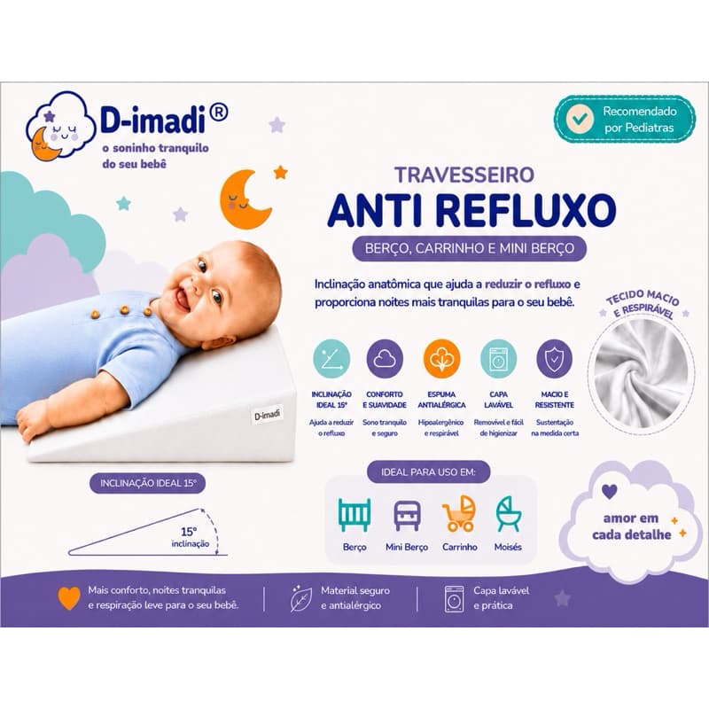 Travesseiro Bebê Anti Refluxo tamanho P - Rampa Anatômica Berço Carrinho moisés