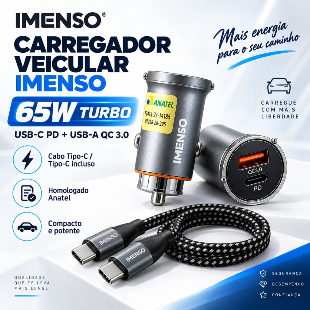 Carregador Veicular Imenso Turbo 65W Compacto com Cabo Trançado Reforçado USB-A + Tipo-C Carga Rápida