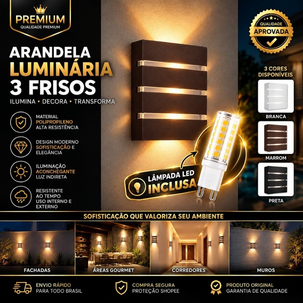 kit 3 Luminária Led 3 Frisos Arandela de Parede Slim Moderna Externa Interna Bivolt Muro Fachada
